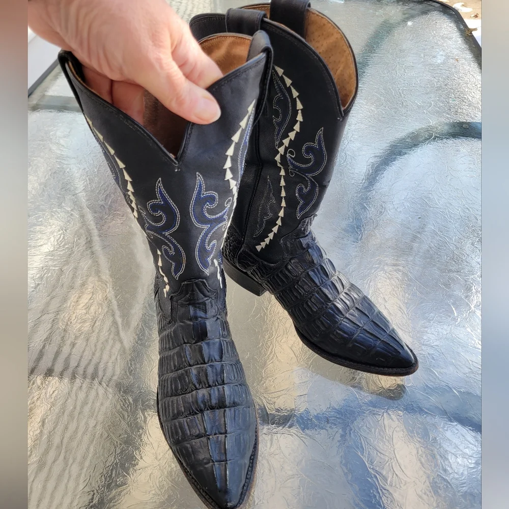 Gran Lider Black Caiman Exotic Leather Crocodile Western Embroidery Boots Unisex